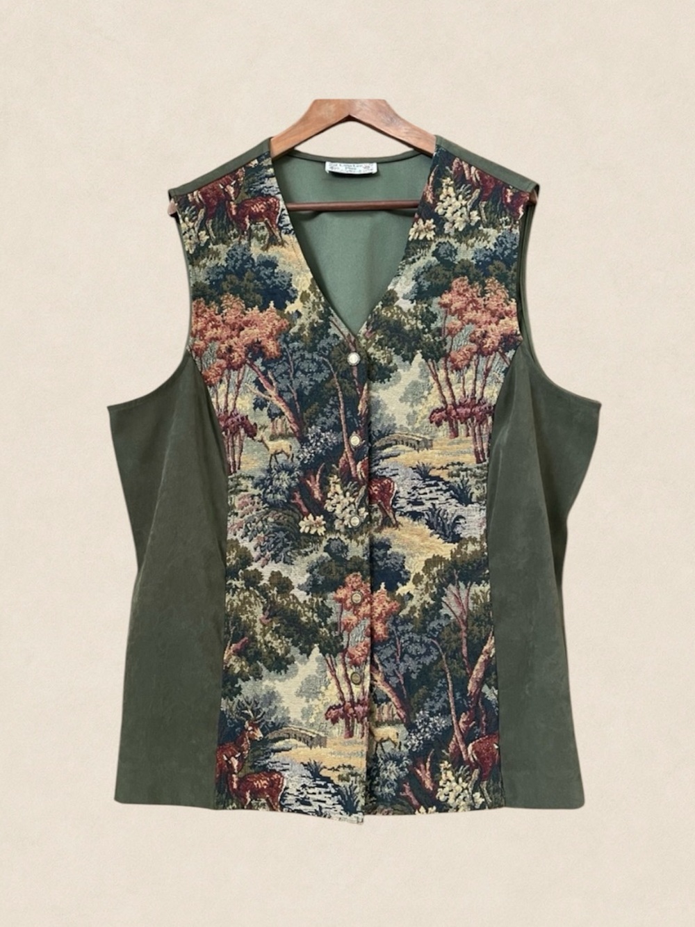 Vintage Tapestry Faux Suede Vest Woodland Scenic Oversized L/XL Button Front 90s